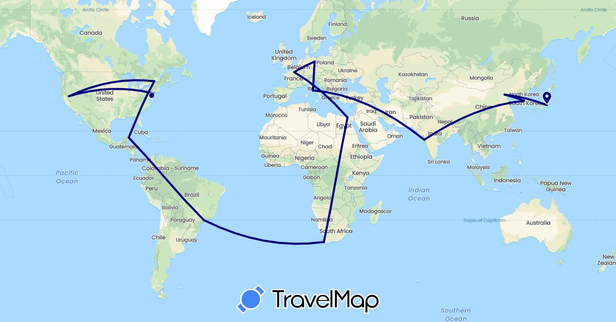 TravelMap itinerary: driving in Brazil, Canada, China, Germany, Egypt, France, India, Italy, Japan, South Korea, Mexico, United States, South Africa (Africa, Asia, Europe, North America, South America)